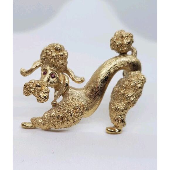Monet Jewelry - Vintage Poodle Doodle Dog Brooch Monet Gold with Red Rhinestone Eyes Playful Pin